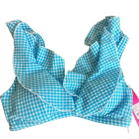 Lilly Pulitzer Arlin Bikini Top Crinkle Gingham Swim Turquoise Oasis 12 - Picture 3 of 6